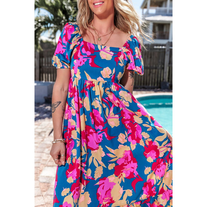 Printed Square Neck Short Sleeve Midi Dress