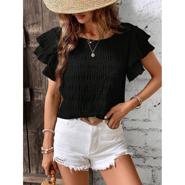 Round Neck Flounce Sleeve Blouse