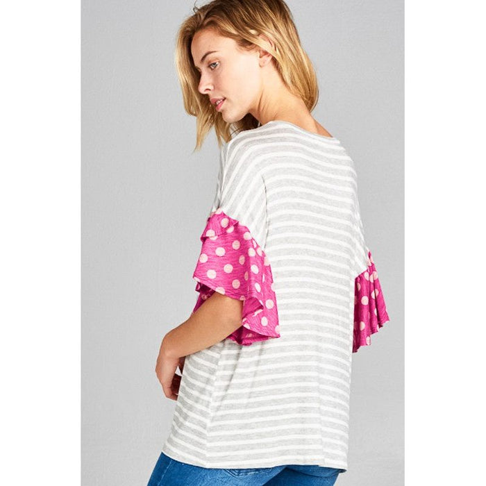 POLKA DOT STRIPE RUFFLE SLEEVE TOP