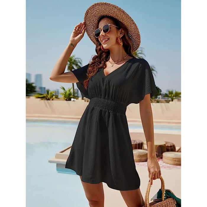 Smocked V-Neck Short Sleeve Dress