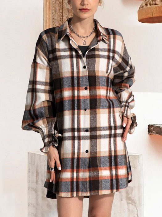 Button Up Plaid Long Sleeve Shirt Dress