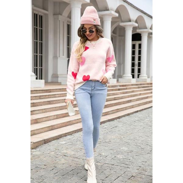 Heart Round Neck Droppped Shoulder Sweater