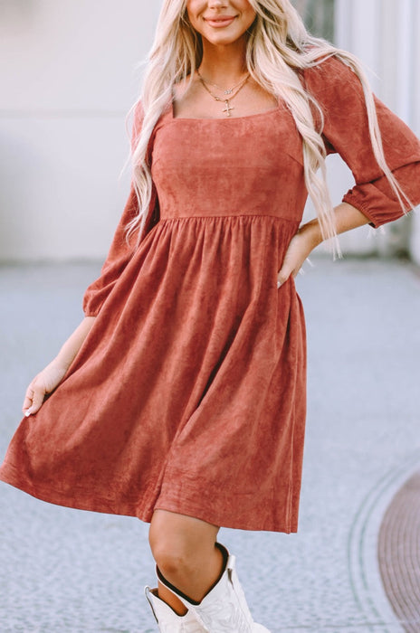 Suede Square Neck Puff Sleeve Dress