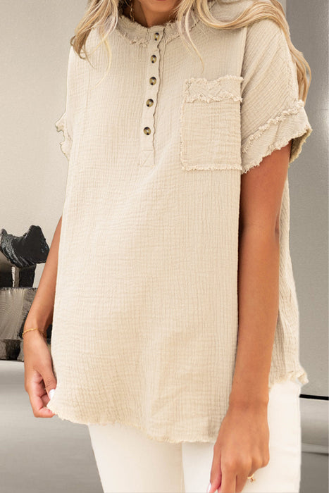 Raw Hem Round Neck Short Sleeve Blouse