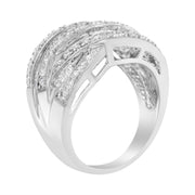 Bids.com .925 Sterling Silver 1.0 Cttw Channel Set Alternating Round and Baguette Diamond Cross-over Bypass Ring Band (I-J Color, I2-I3 Clarity) - Size 7 Rings
