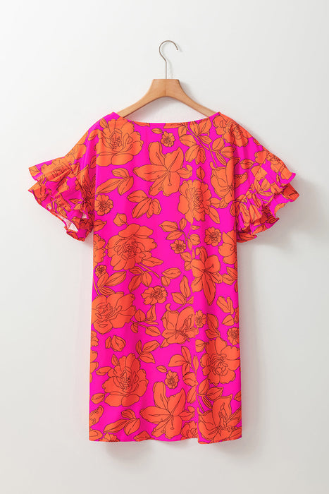 Ruffled Floral Printed Short Sleeve Mini Dress in Hot Pink