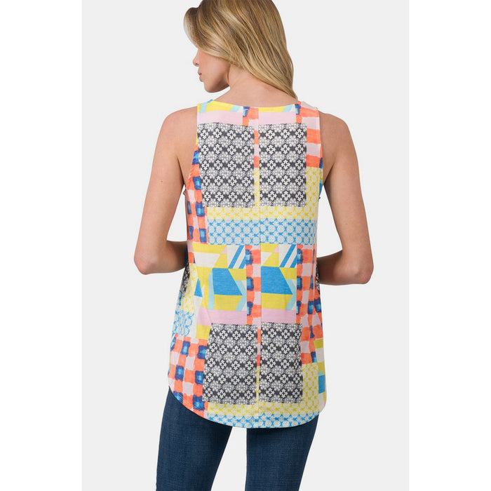 Zenana Printed Round Neck Curved Hem Tank