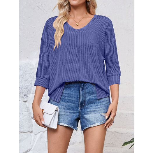 Textured Round Neck Three-Quarter Sleeve Blouse