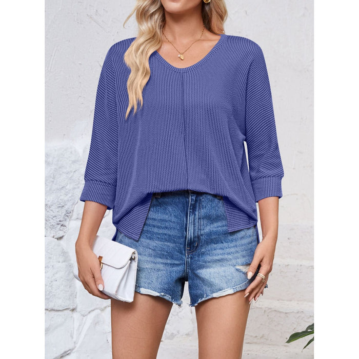 Textured Round Neck Three-Quarter Sleeve Blouse