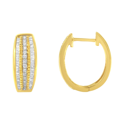 Bids.com 10K Yellow Gold 3/4 Cttw Pave and Channel Set Diamond Triple Row Modern Hoop Earrings (I-J Color, I2-I3 Clarity) Earrings
