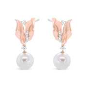 Bids.com 14K Rose Gold 1/6 Cttw Round Diamond and 8mm Round Pearl Floral Drop Stud Earrings (H-I Color, I1-I2 Clarity) Earrings