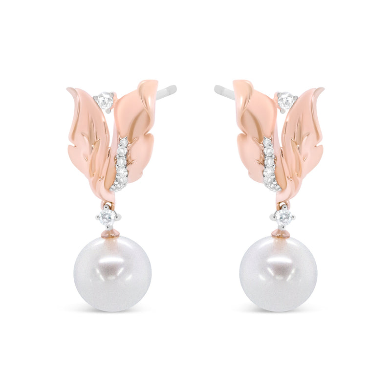 Bids.com 14K Rose Gold 1/6 Cttw Round Diamond and 8mm Round Pearl Floral Drop Stud Earrings (H-I Color, I1-I2 Clarity) Earrings