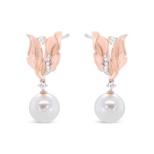 Bids.com 14K Rose Gold 1/6 Cttw Round Diamond and 8mm Round Pearl Floral Drop Stud Earrings (H-I Color, I1-I2 Clarity) Earrings