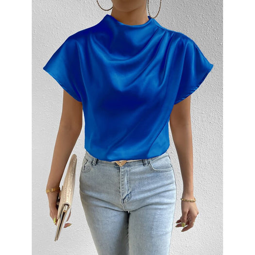 Ruched Mock Neck Short Sleeve Blouse