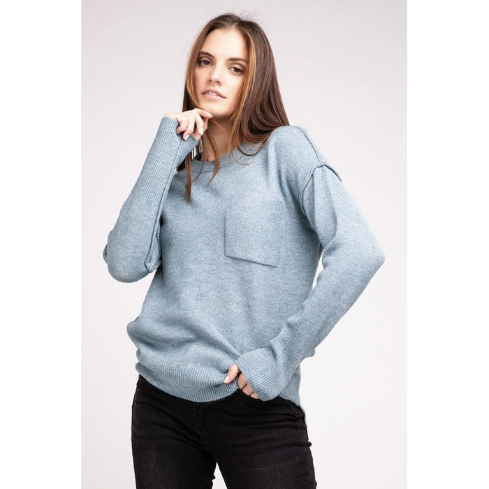 Melange Hi-Low Hem Round Neck Sweater