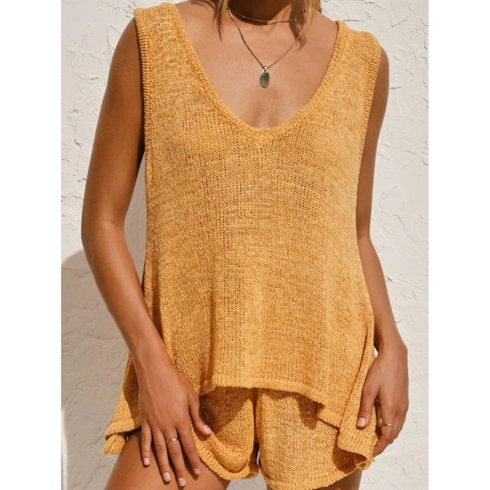 V-Neck Sleeveless Top and Drawstring Shorts Sweater Set