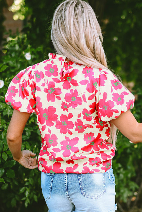 Elyse Floral Puff Sleeve Frilled Neckline Blouse