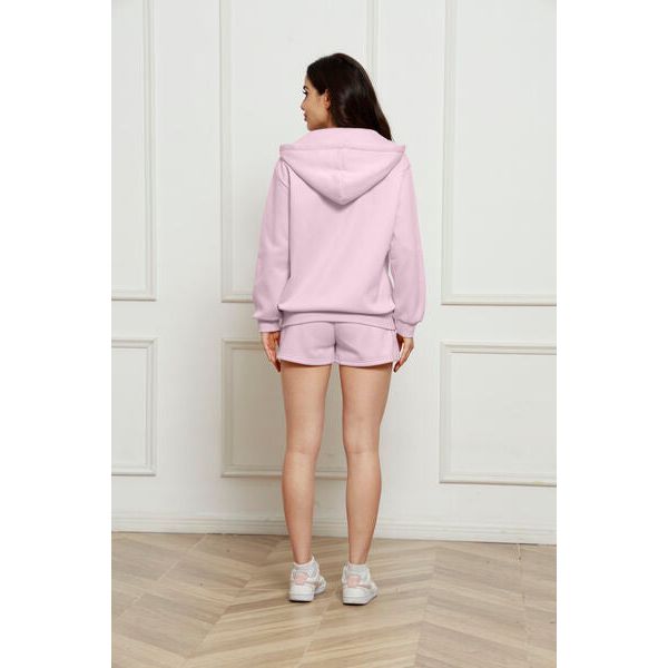 Zip Up Drawstring Hoodie and Shorts Set