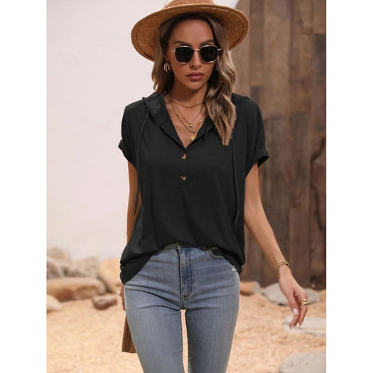 Half Button Hooded Short Sleeve Blouse