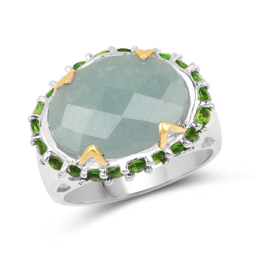 Bids.com Two Tone Plated 9.12 Carat Genuine Milky Aquamarine and Chrome Diopside .925 Sterling Silver Ring Rings