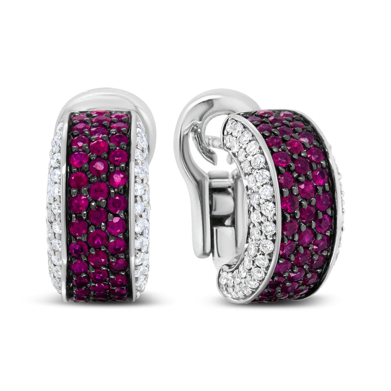 Bids.com 18K White Gold and Black Rhodium Plated 3/4 Cttw Round Diamonds and 1mm Round Red Ruby Huggie Hoop Earrings (F-G Color, VS1-VS2 Clarity) Earrings