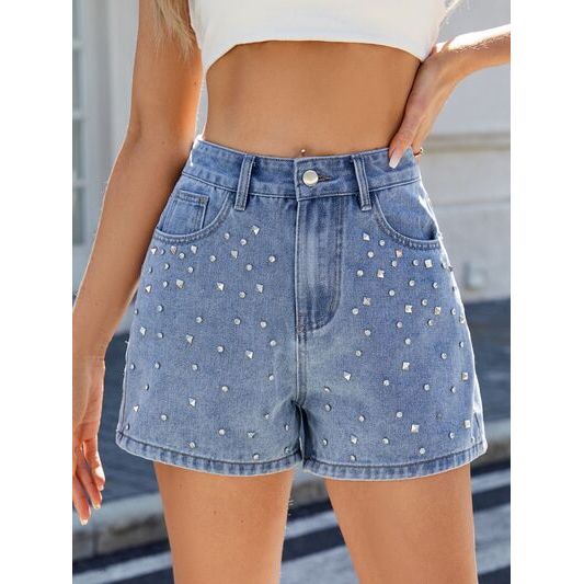 Mill's Beauty Supply Rhinestone Washed High Waist Denim Shorts