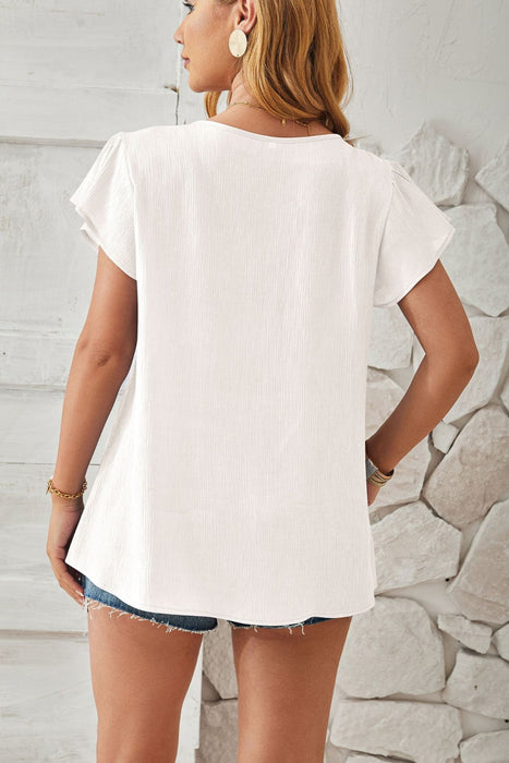 Ruched V-Neck Flounce Sleeve Blouse