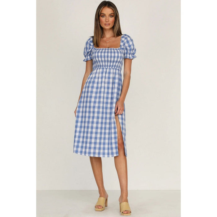 Full Size Slit Plaid Short Sleeve Midi Dress