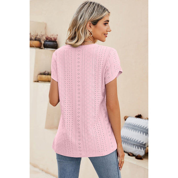 Eyelet V-Neck Petal Sleeve T-Shirt