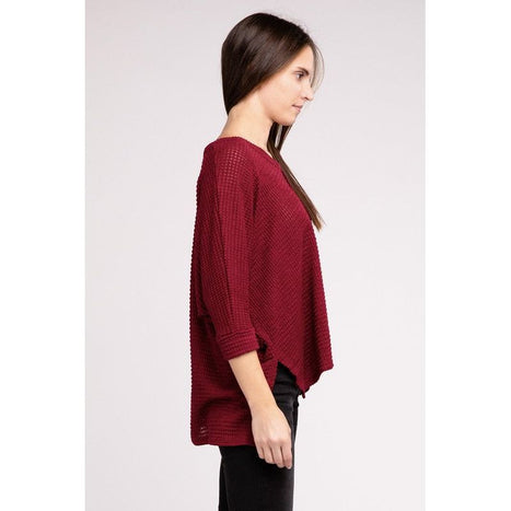 3/4 Sleeve V-Neck Hi-Low Hem Jacquard Sweater