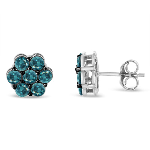 Bids.com Sterling Silver Treated Blue Diamond Floral Stud Earrings (1 cttw, Blue Color, I2-I3 Clarity) Earrings