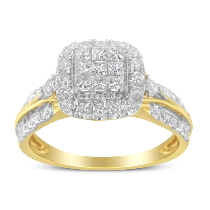 Bids.com 10K Yellow Gold 1.0 Cttw Diamond Composite Cushion-Shape Halo 3-Band-Look Engagement Ring (H-I Color, SI1-SI2 Clarity) - Size 6-1/4 Rings