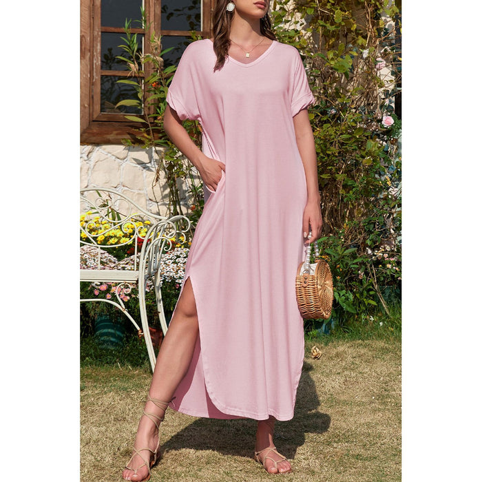 Slit Pocketed V-Neck Short Sleeve Dress in Blush Pink