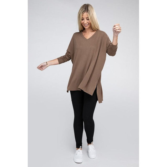 Dolman Long Sleeve V-Neck Side Slit Hi-Low Hem Top