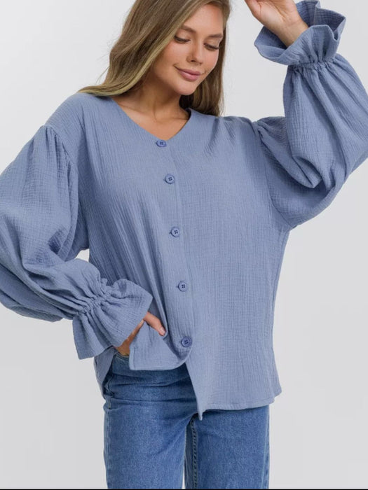 Button Up Flounce Sleeve Shirt