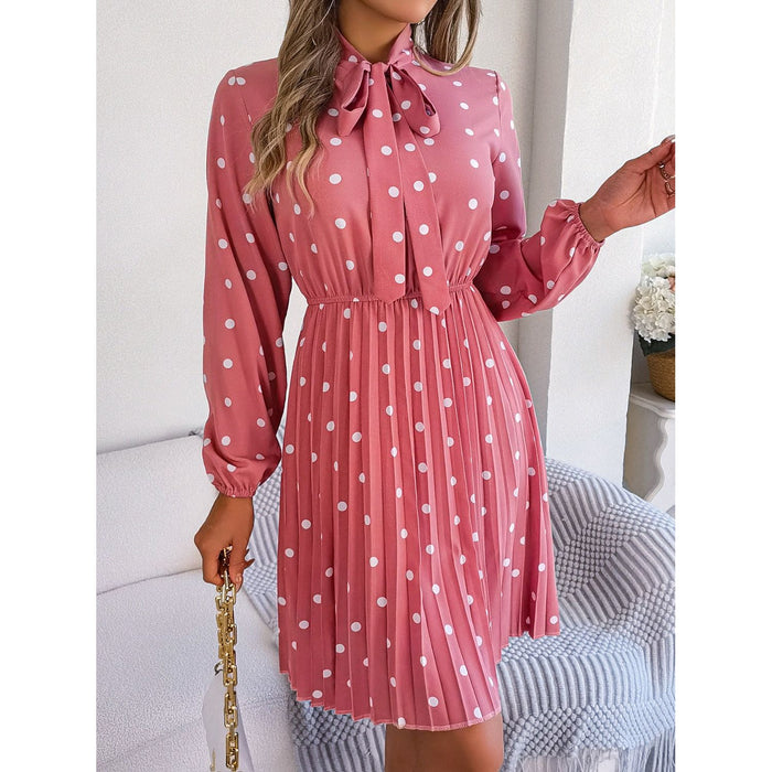 Polka Dot Tie Neck Pleated Dress