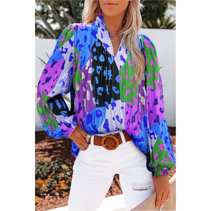 Printed Notched Long Sleeve Blouse