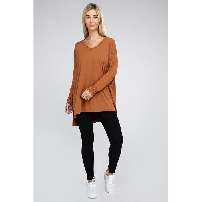 Dolman Long Sleeve V-Neck Side Slit Hi-Low Hem Top