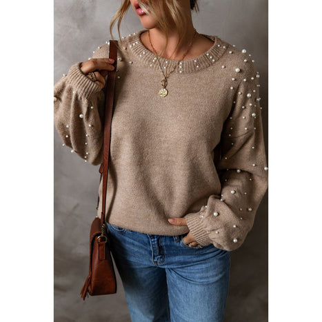 Pearl Detail Round Neck Long Sleeve Sweater