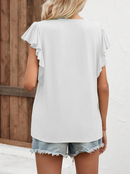 Ruffled Notched Cap Sleeve T-Shirt