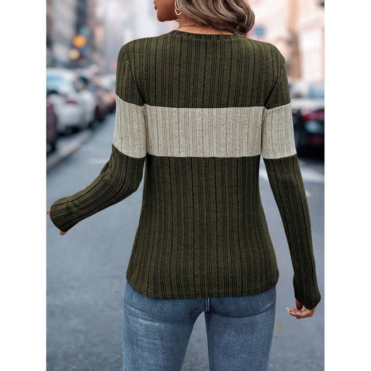 Color Block Round Neck Long Sleeve Top