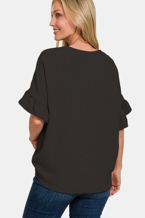 Zenana V-Neck Flutter Sleeve Top in Black