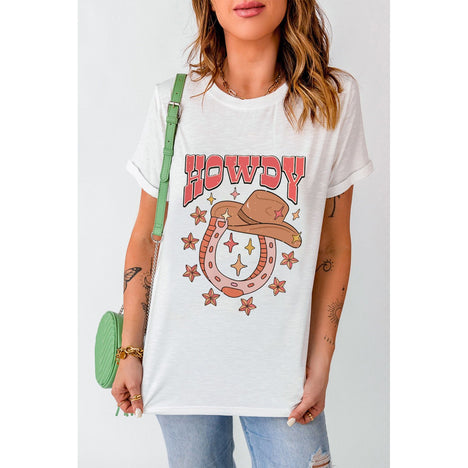 Howdy Graphic Round Neck Short Sleeve T-Shirt in White