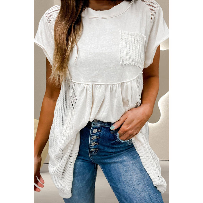 Openwork Round Neck Cap Sleeve Blouse