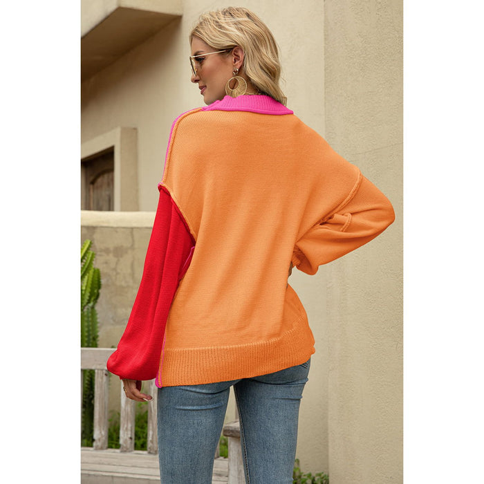 Color Block Round Neck Dropped Shoulder Sweater