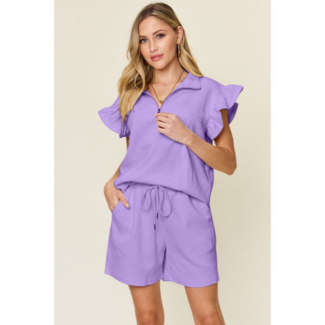 Texture Flounce Sleeve Top and Drawstring Shorts Set