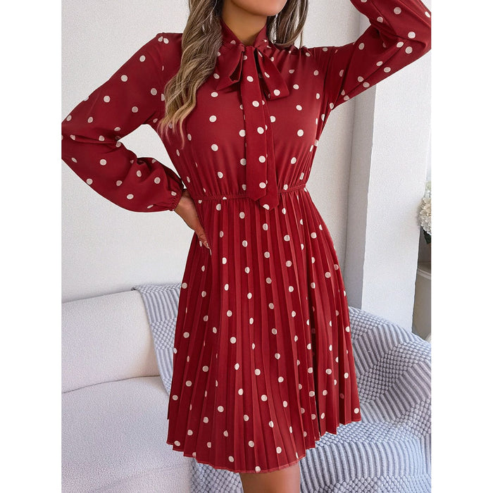 Polka Dot Tie Neck Pleated Dress