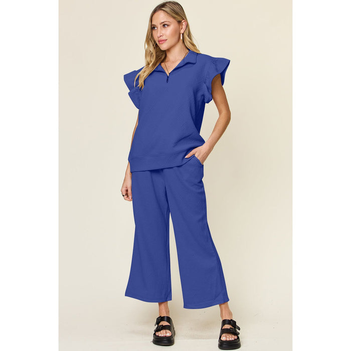 Texture Ruffle Short Sleeve Top and Drawstring Wide Leg Pants Set