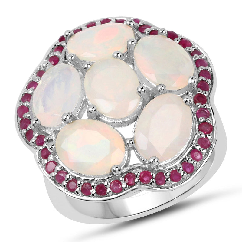 Bids.com 4.66 Carat Genuine Ethiopian Opal and Ruby .925 Sterling Silver Ring Rings