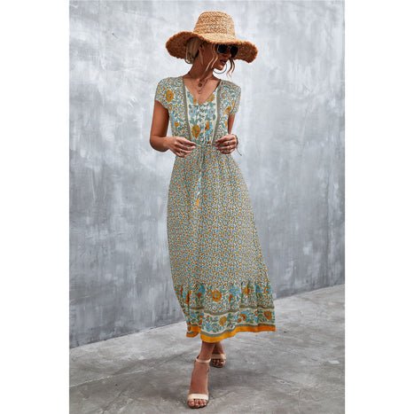 V-Neck Short Sleeve Printed Maxi Dress